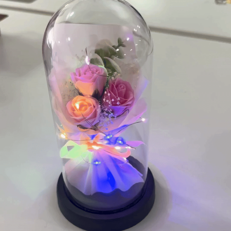 Işıklı Pembe Renkli Gül Cam Fanus